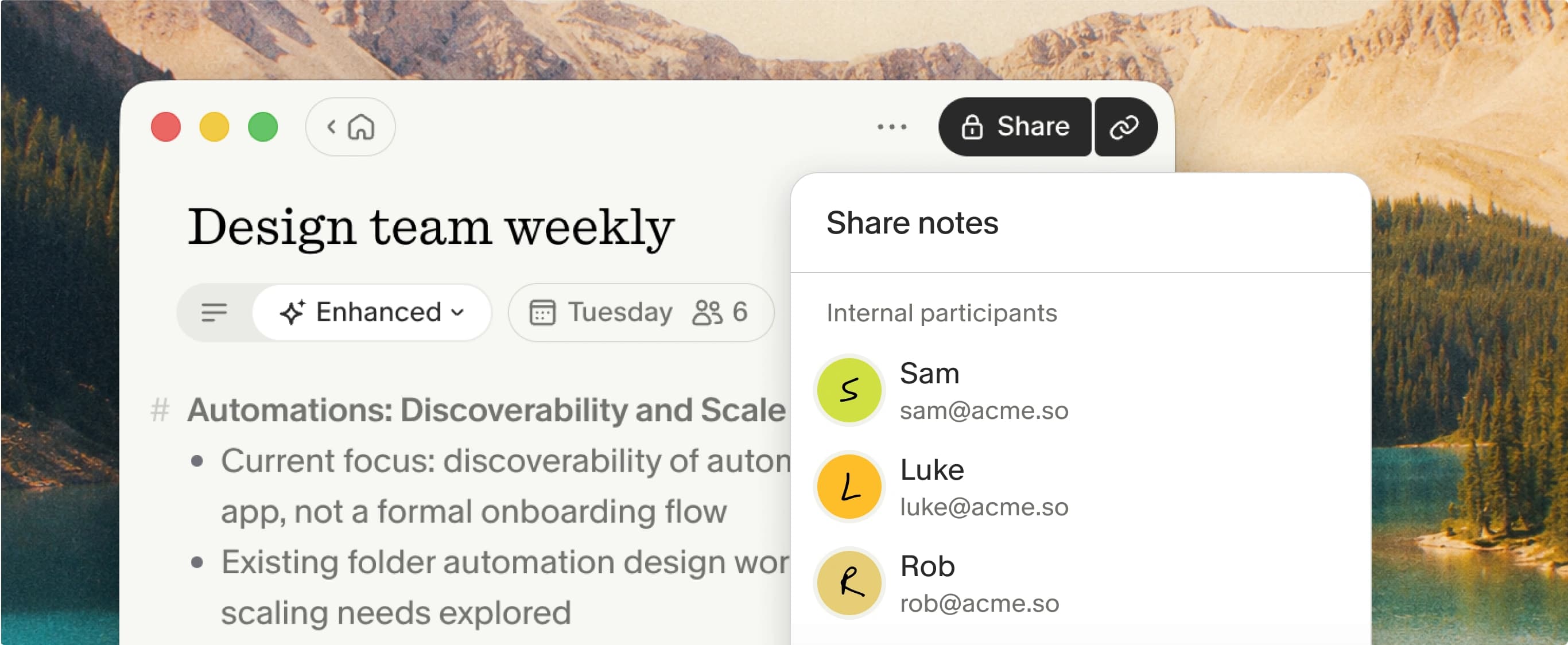 A Granola note with a Share notes menu open, listing meeting participants to share with