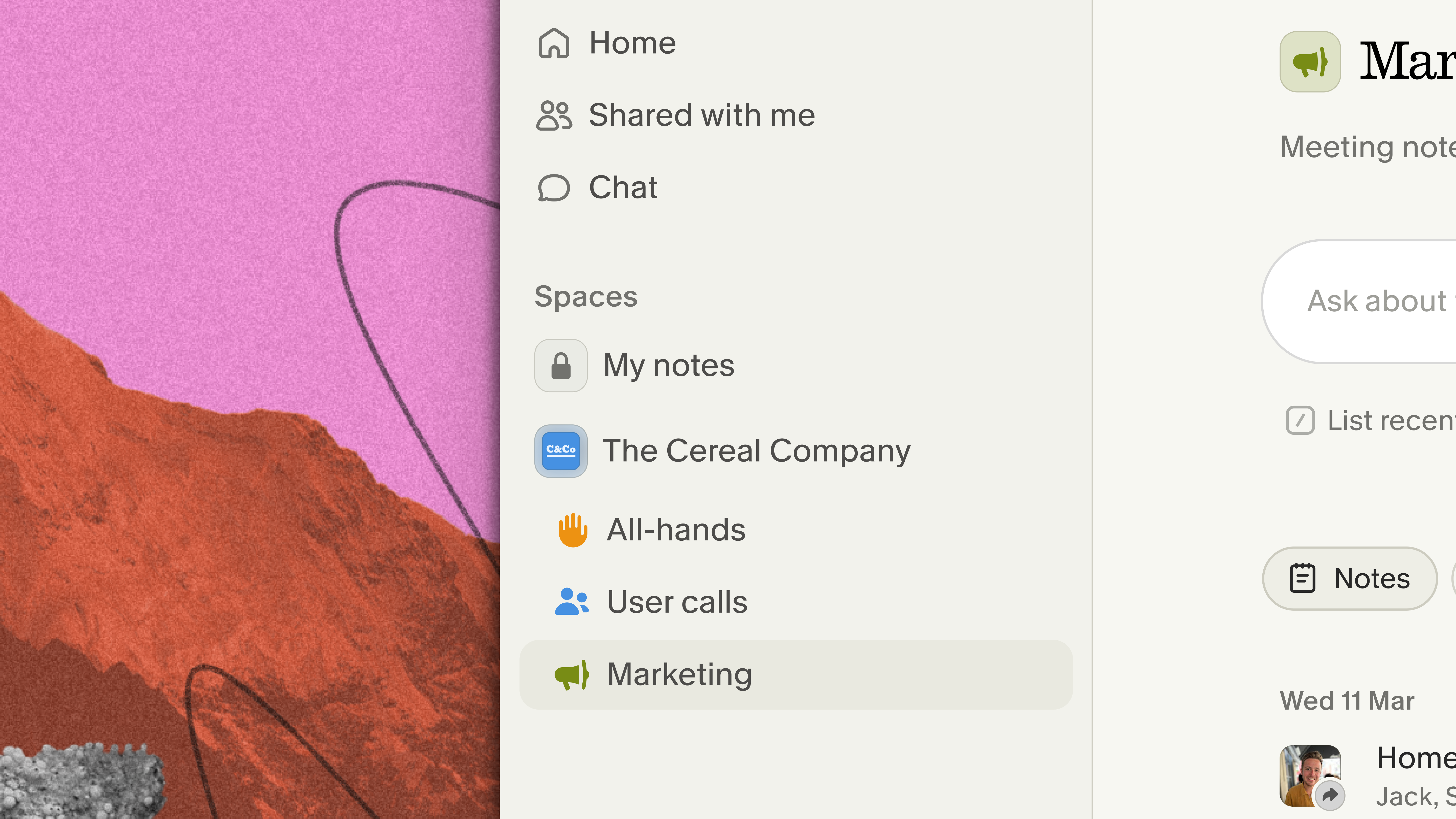 Spaces in Granola: organize and share notes with your team