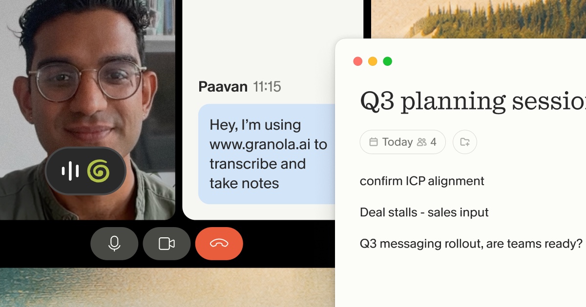 Video call showing the Granola watermark badge on a participant's video and an automated chat message about transcription