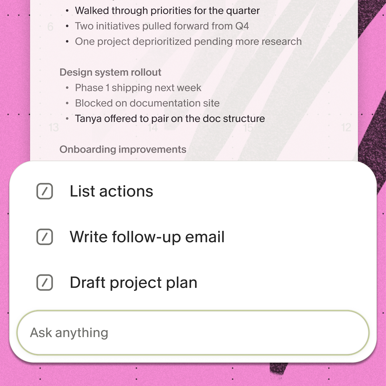 Granola enhanced meeting notes with quick actions for List actions, Write follow-up email and Draft project plan