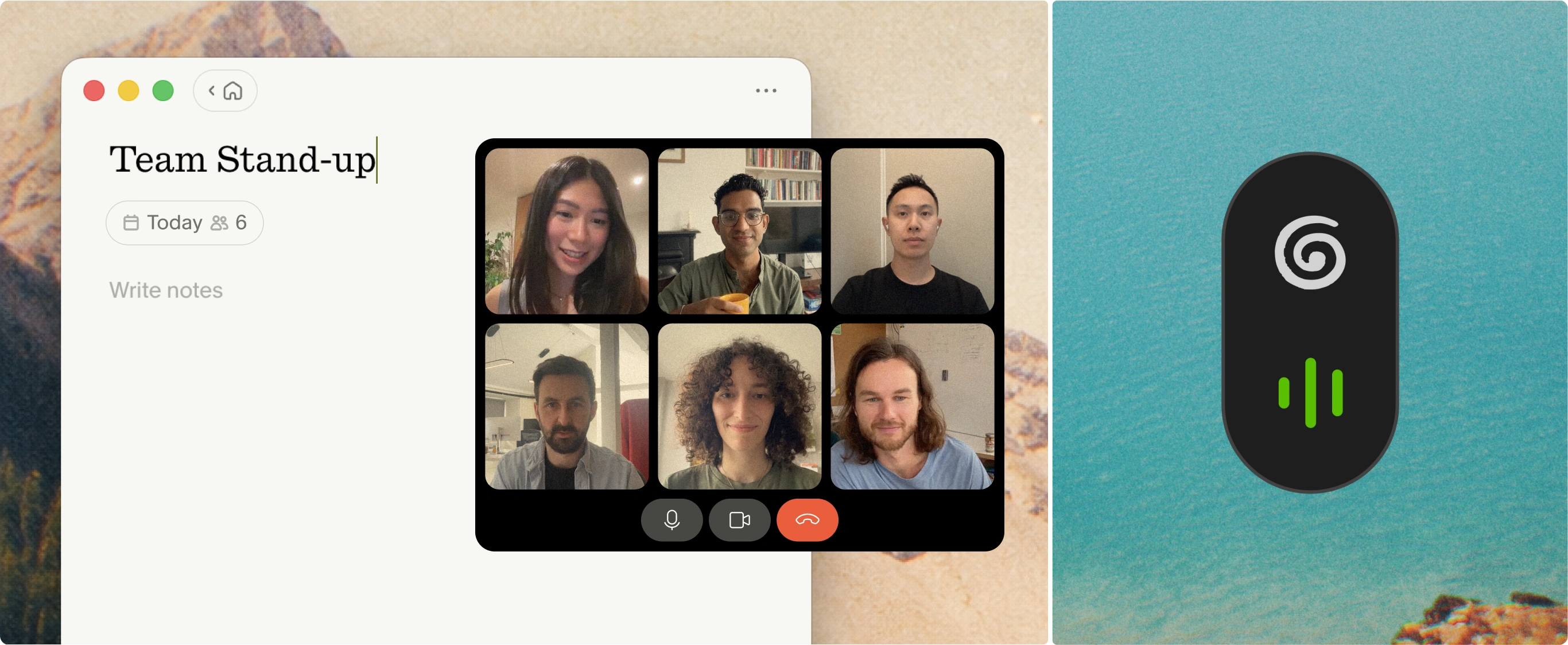 Granola note open beside a video call grid with no bot participant, and the floating Granola transcription indicator