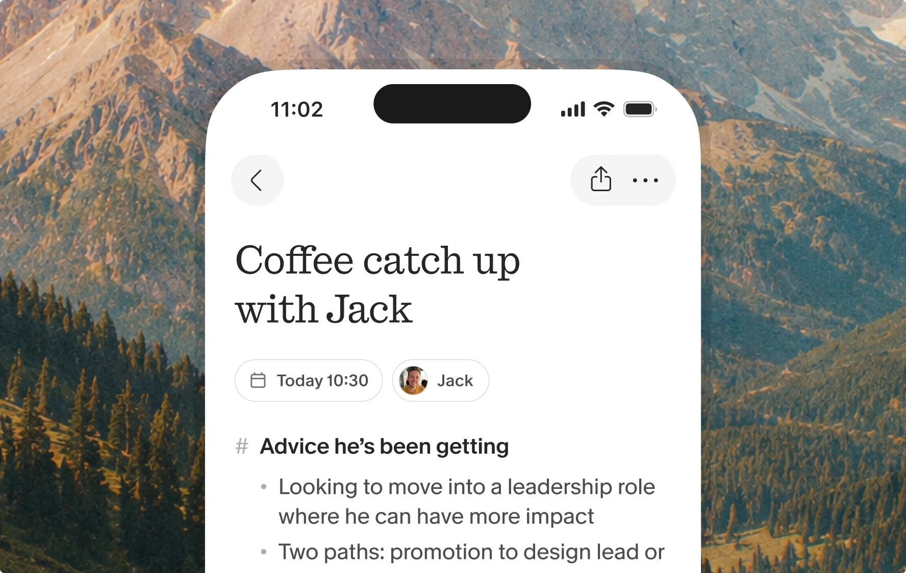Granola iPhone note from a coffee catch-up with Jack, with bullets on the career advice he has been getting