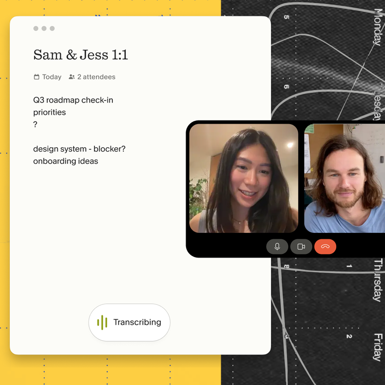 Granola notepad with short rough-note anchors and a Transcribing indicator beside a live video call