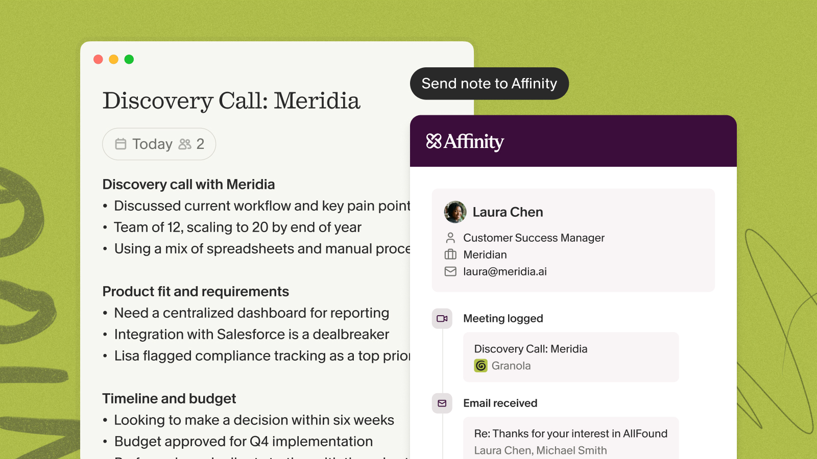 Granola enhanced notes from a discovery call being synced to Affinity CRM