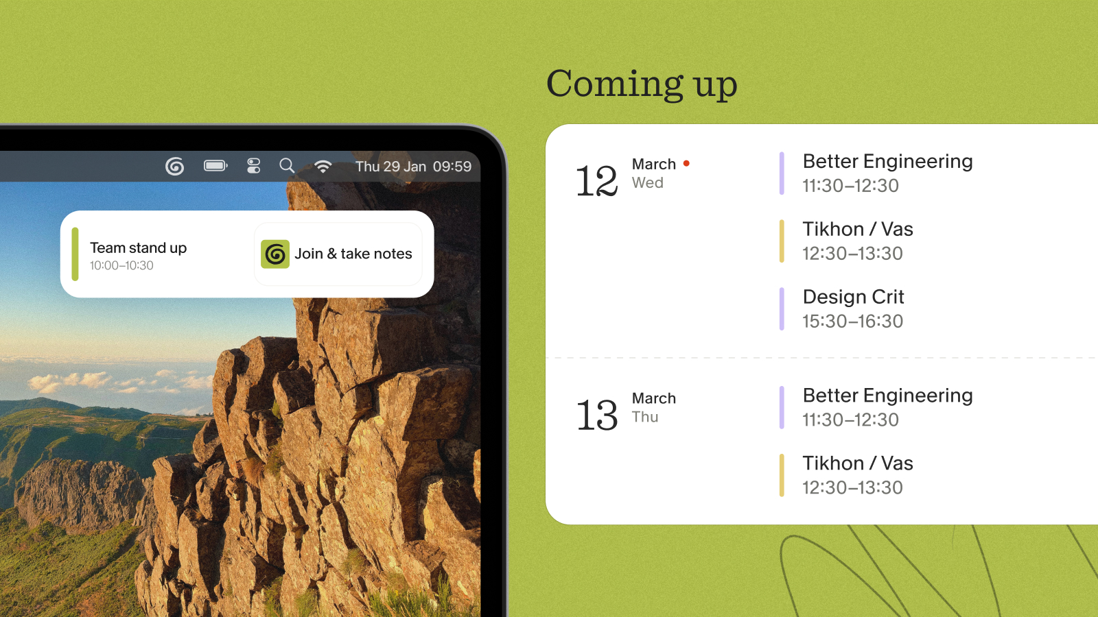 Granola menu-bar prompt to join a stand-up and a Coming up list of calendar meetings