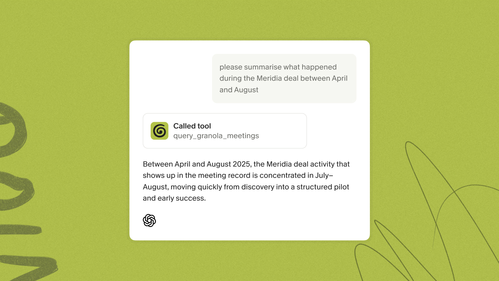 ChatGPT calling Granola's query_granola_meetings tool and summarising what happened across a set of meetings
