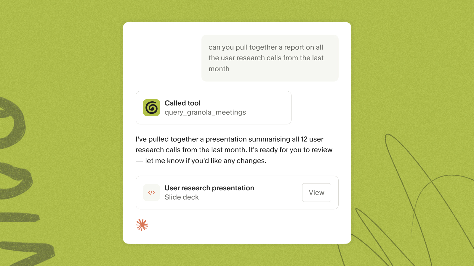Claude calling Granola's query_granola_meetings tool to build a report from a month of user research calls