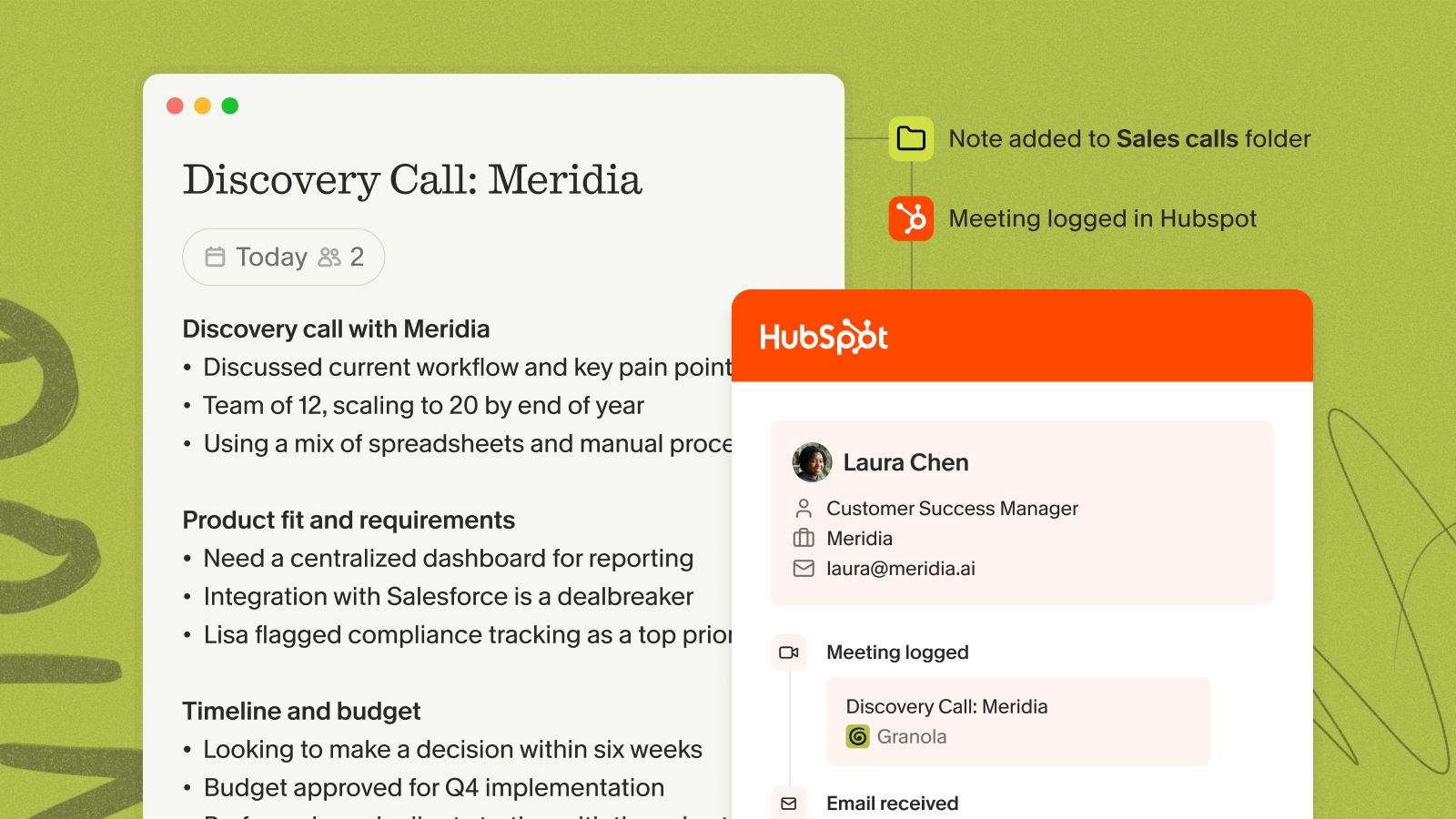 Granola meeting note with the HubSpot integration, ready to sync the enhanced notes to a HubSpot record