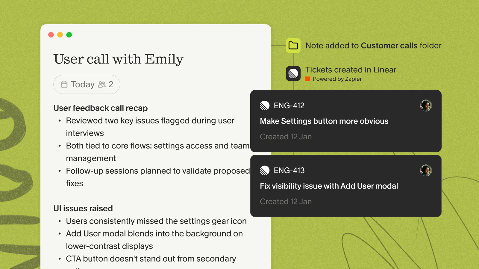 Granola user call note automatically creating Linear tickets through Zapier