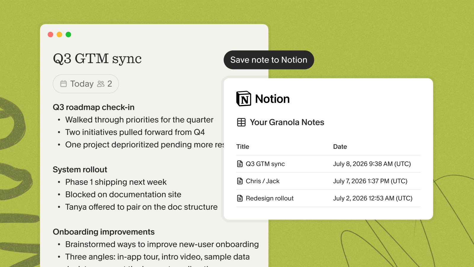 A Granola note saved as a new row in a Your Granola Notes database in Notion
