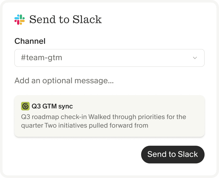 Granola's Send to Slack dialog posting a Q3 GTM sync note to the #team-gtm channel