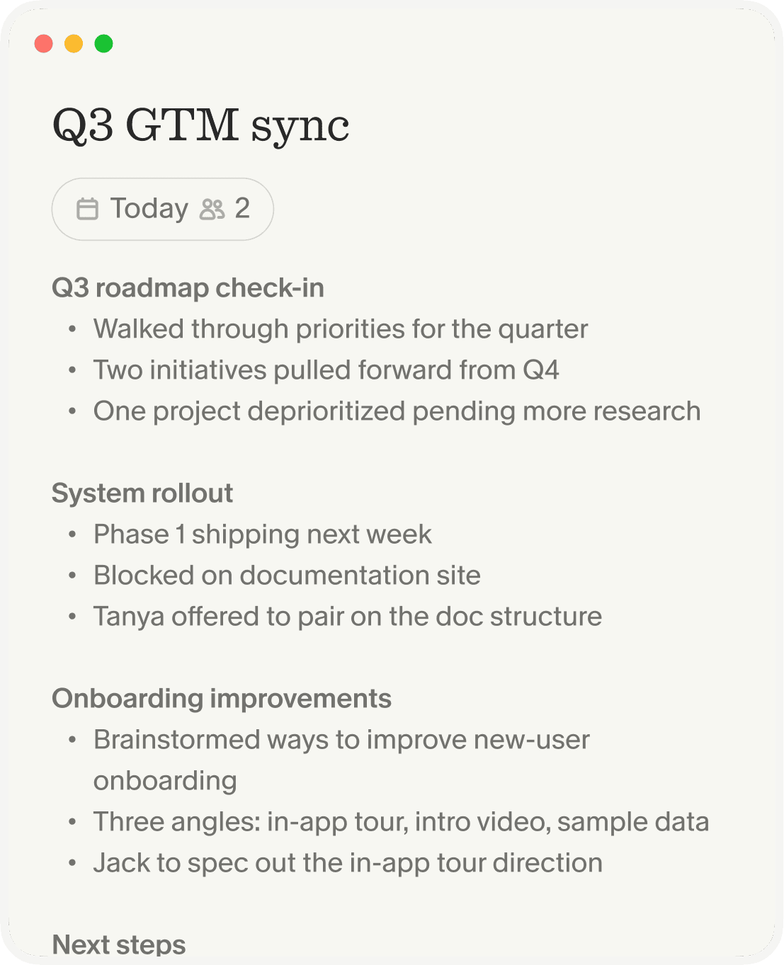 Granola AI-enhanced notes from an internal Q3 GTM sync with decisions, owners and next steps