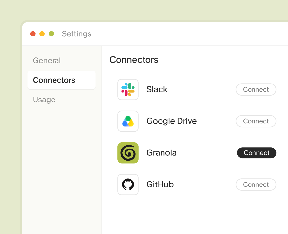 AI app settings showing Granola in the connectors list with a Connect button