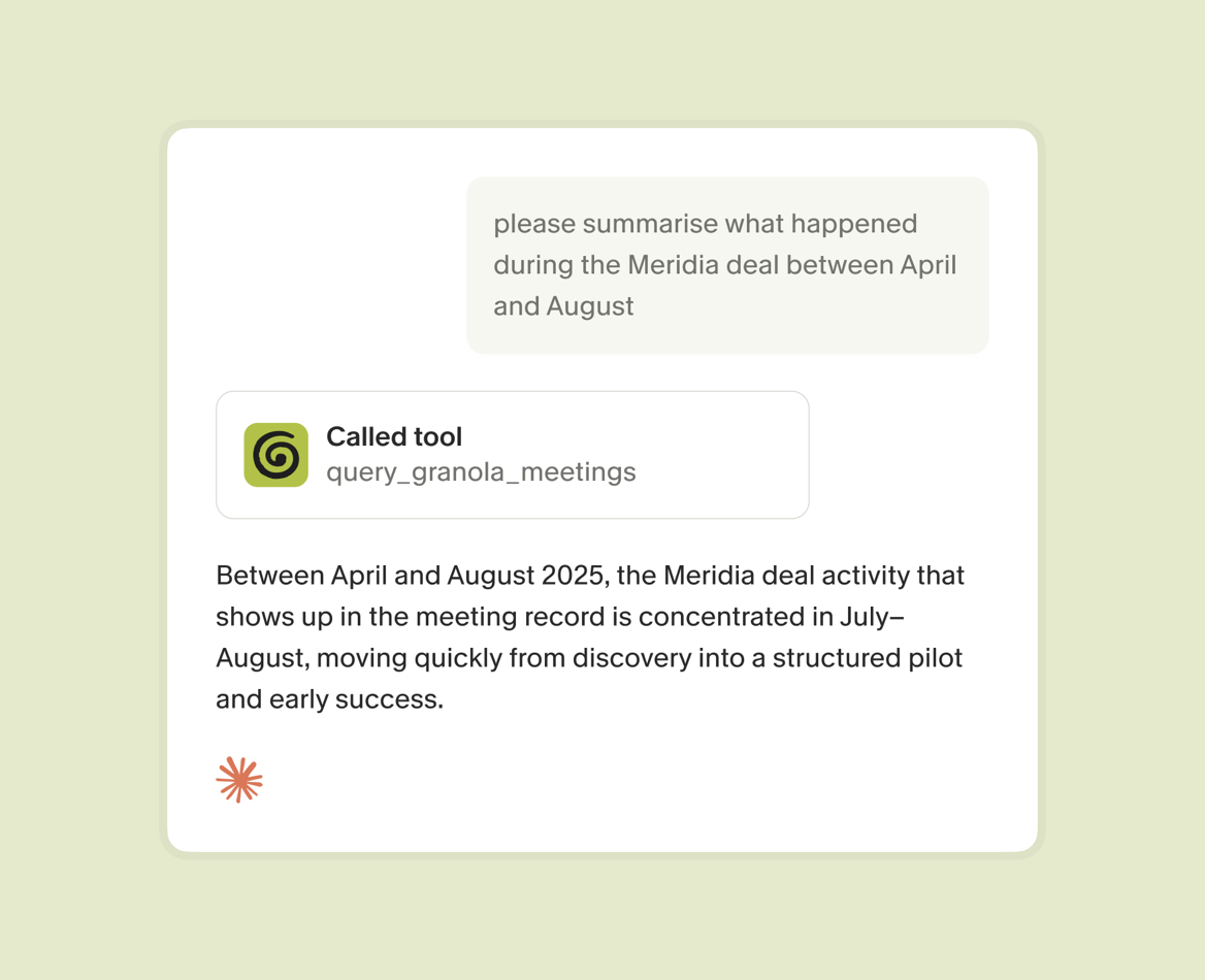 An AI assistant calling Granola's query_granola_meetings tool over MCP to summarise a deal