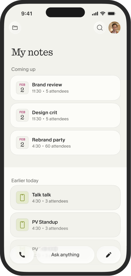 Granola iPhone app showing upcoming meetings synced from the calendar