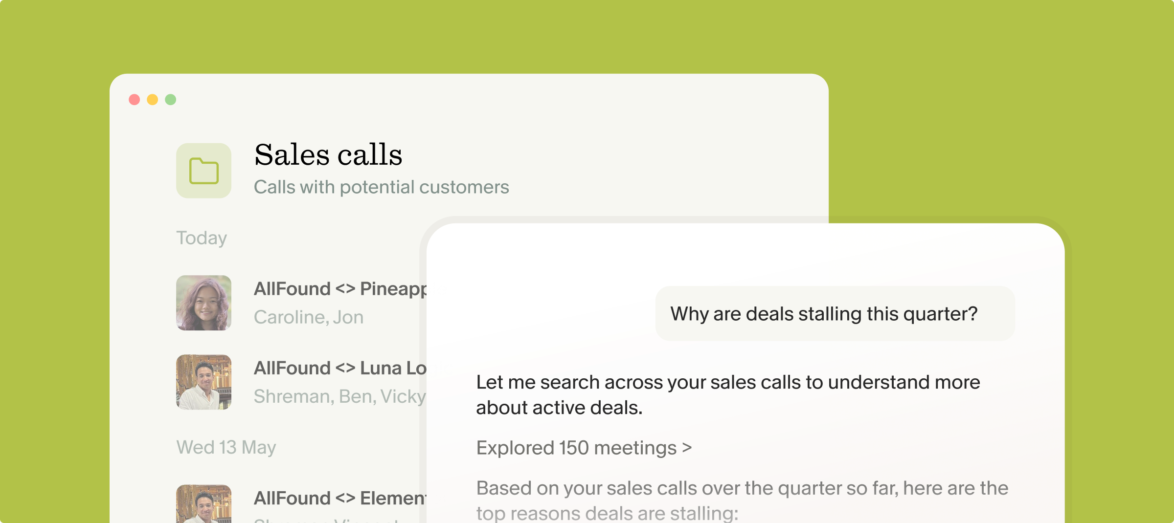 Asking Granola why deals are stalling this quarter across a shared Sales calls folder