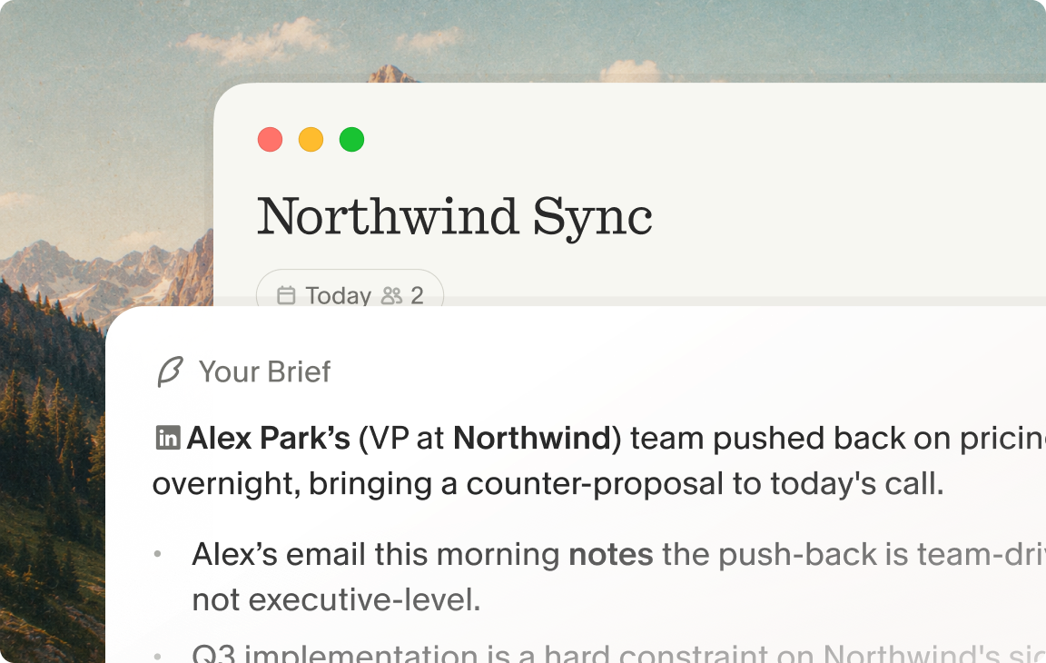 Granola pre-meeting brief on the 'Northwind Sync' note summarising pricing pushback from the last conversation
