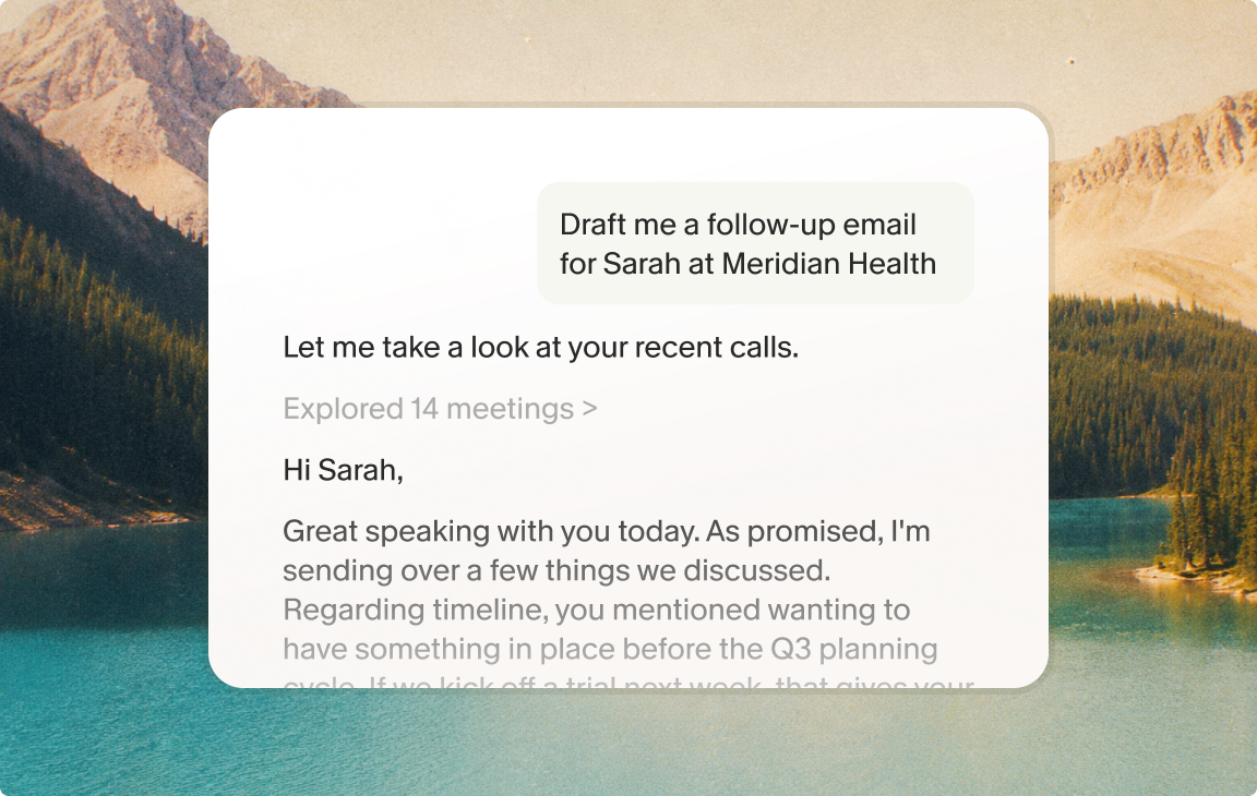 Granola drafting a follow-up email to Sarah at Meridian Health from recent calls
