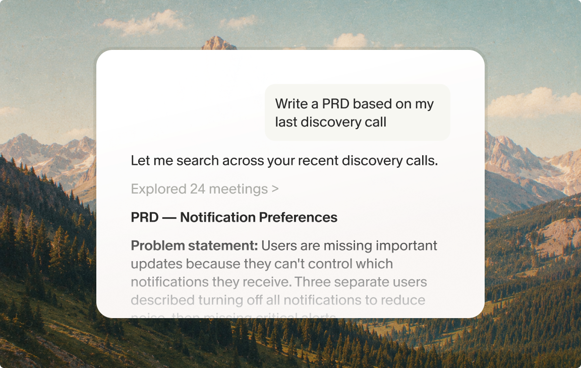 Granola Chat writing a PRD with a problem statement from recent discovery calls