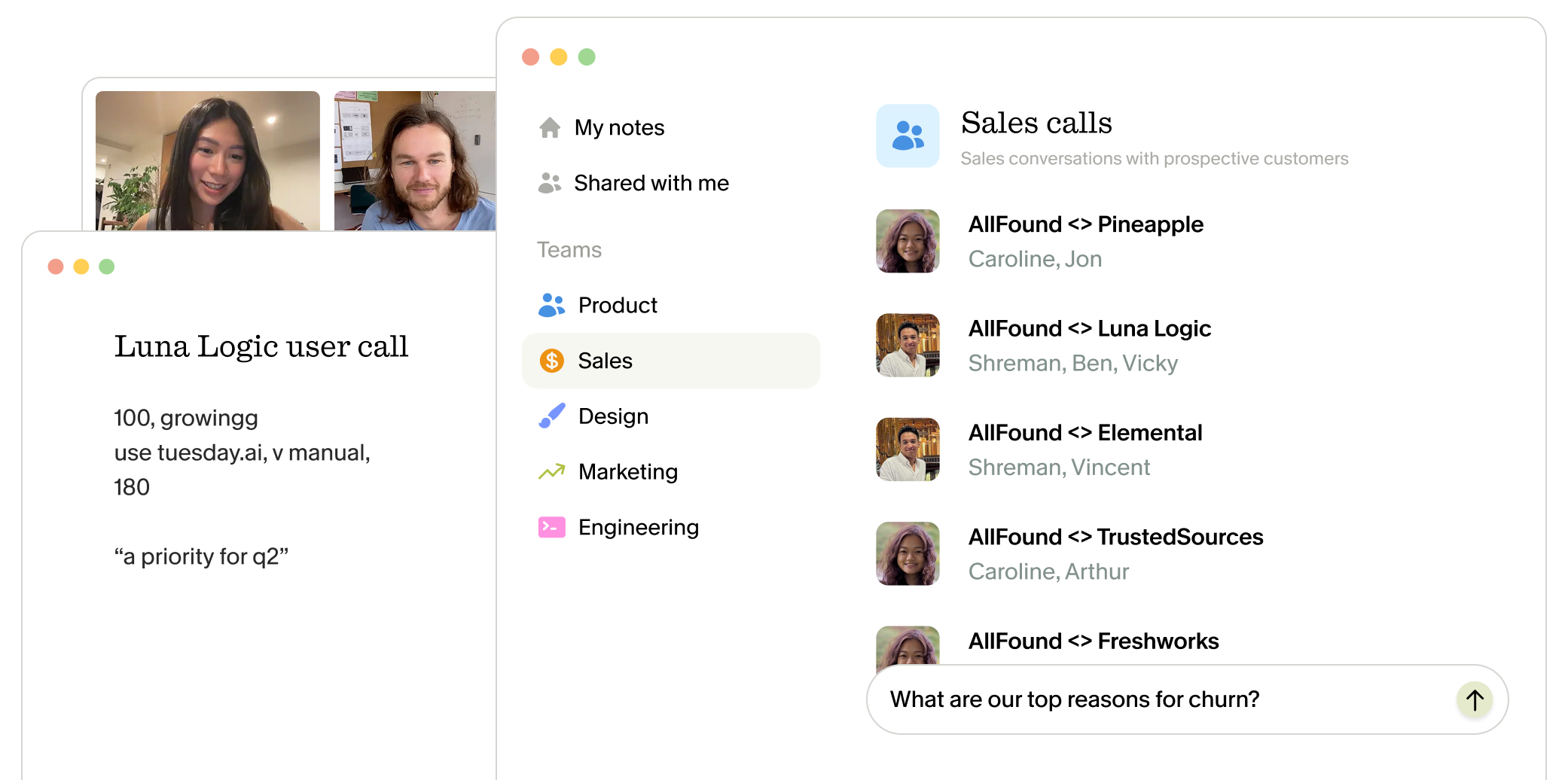 Granola Sales team space listing calls with prospects and a chat question about churn