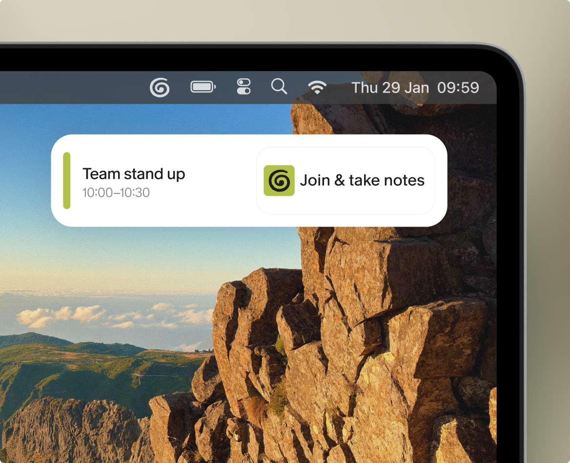 Granola menu-bar notification a minute before a meeting with a Join & take notes button